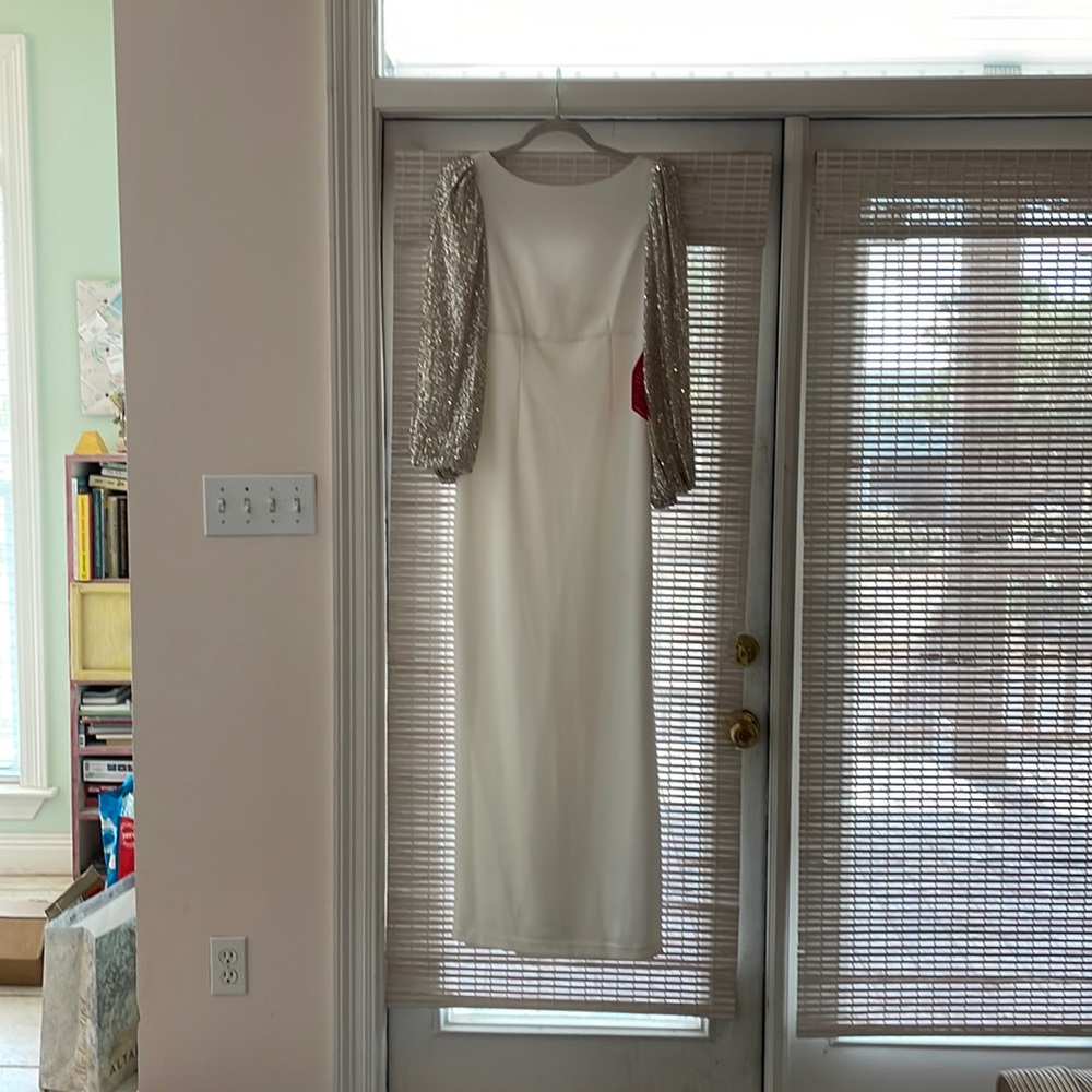 NWT Eliza J cream gold sequin sleeve slit dress  wedding gala gorgeous sz 4